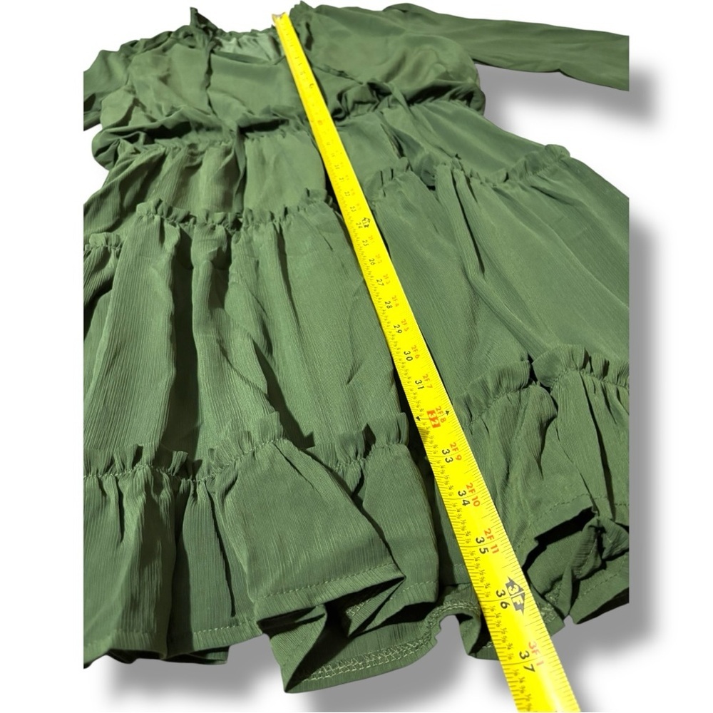 Amazon Army Green Ruffled Tiered V Neck Tie Loose Fit Long Sleeve Mini Sundress - Picture 11 of 16